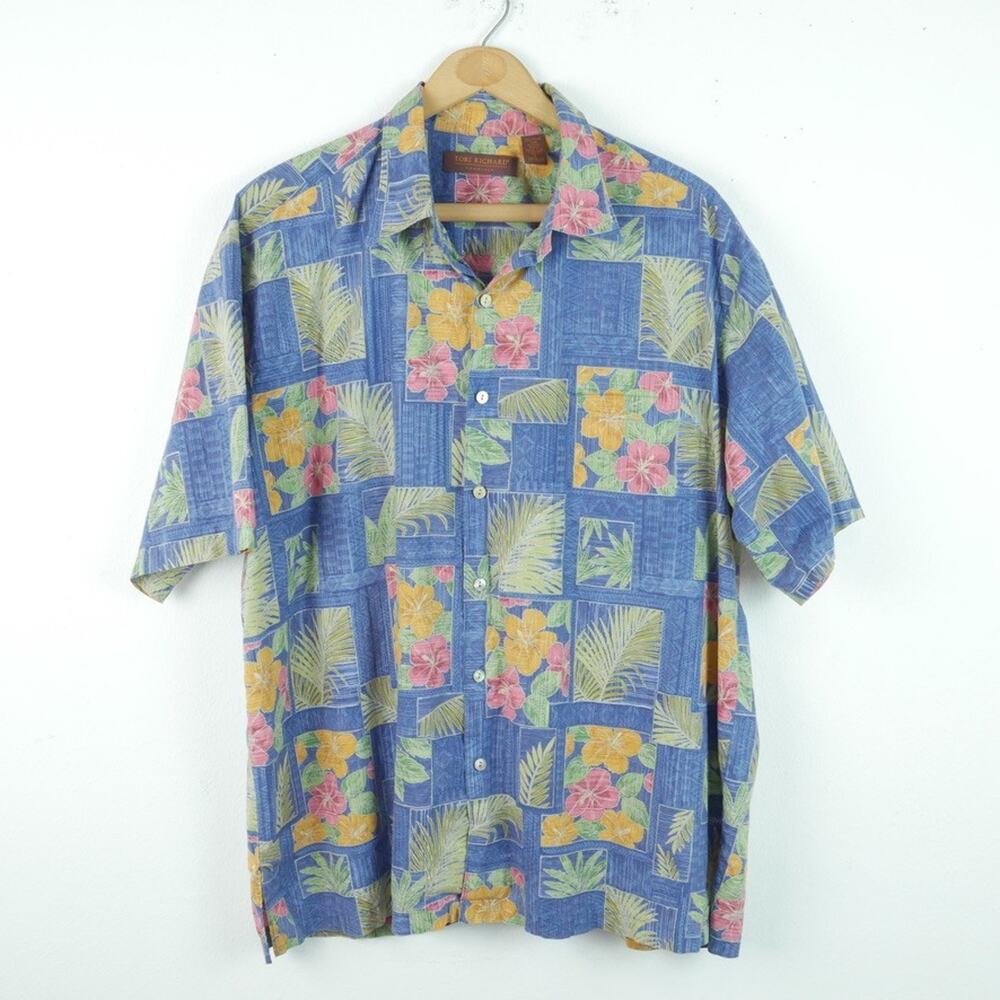Tori Richard Aloha Shirt Large Cotton Lawn Hawaiian Camp Shirt Blue Floral USA